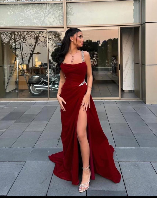 Sexy Mermaid Straps Red Satin With Slit Beads Evening For Women Party Dresses Long Formal Prom Dresses 21st Birthday Gowns AB1314