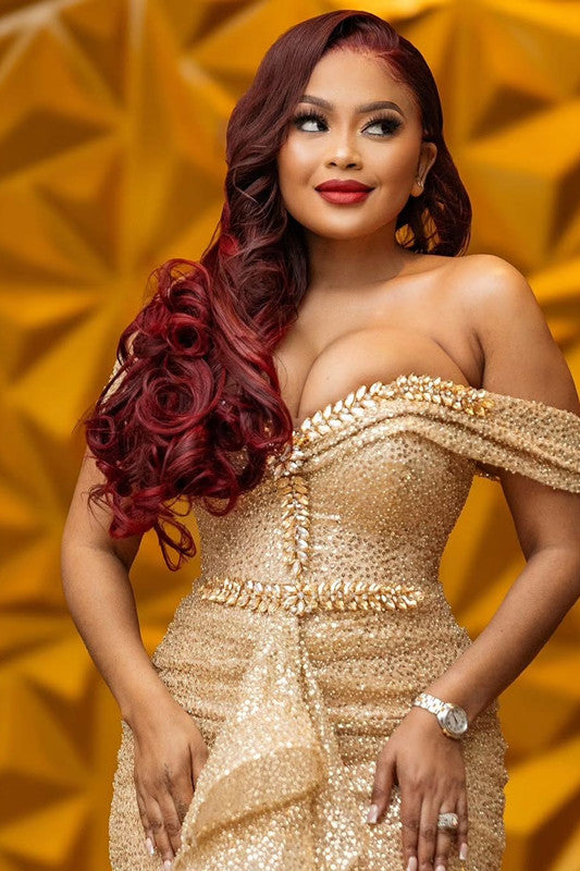 Off-the-Shoulder Sequins Prom Dress Front Split With Crystals