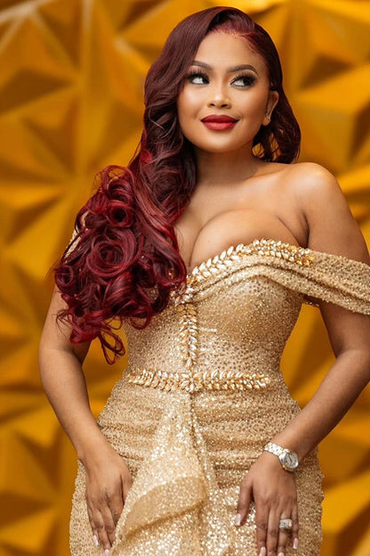 Off-the-Shoulder Sequins Prom Dress Front Split With Crystals