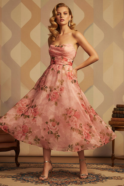 Strapless Sleeveless Flowers Floral Print A-Line Ankle-Length Prom Dress