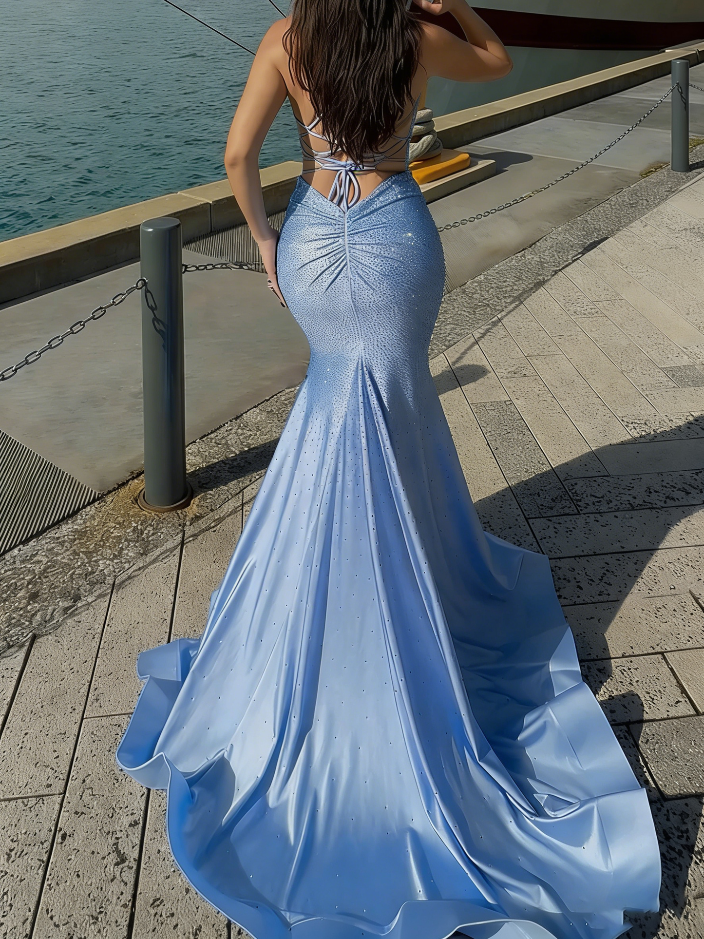 Hermosos Mermaid Spaghetti Straps Sequin Court Train Silk Like Satin Corset Prom Dress