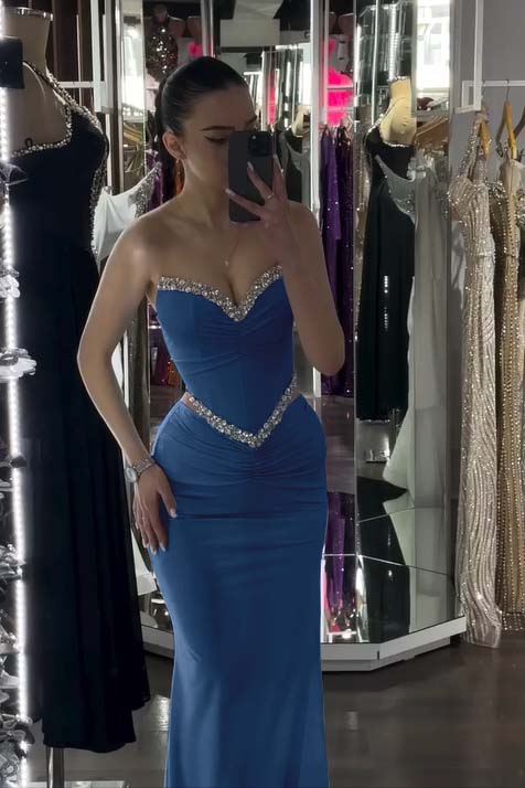 Spandex V-Neck Strapless Sleeveless Long Mermaid Prom Dress With Pleated And Rhinstone