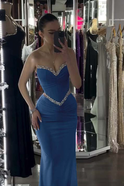 Spandex V-Neck Strapless Sleeveless Long Mermaid Prom Dress With Pleated And Rhinstone