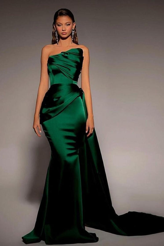 Chic Dark Green Strapless Sleeveless Mermaid Long Prom Dress With Pleated