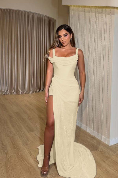 Square Neck Wide Shoulder Straps Sleeveless Long Mermaid Prom Dress With Pleated And High Split