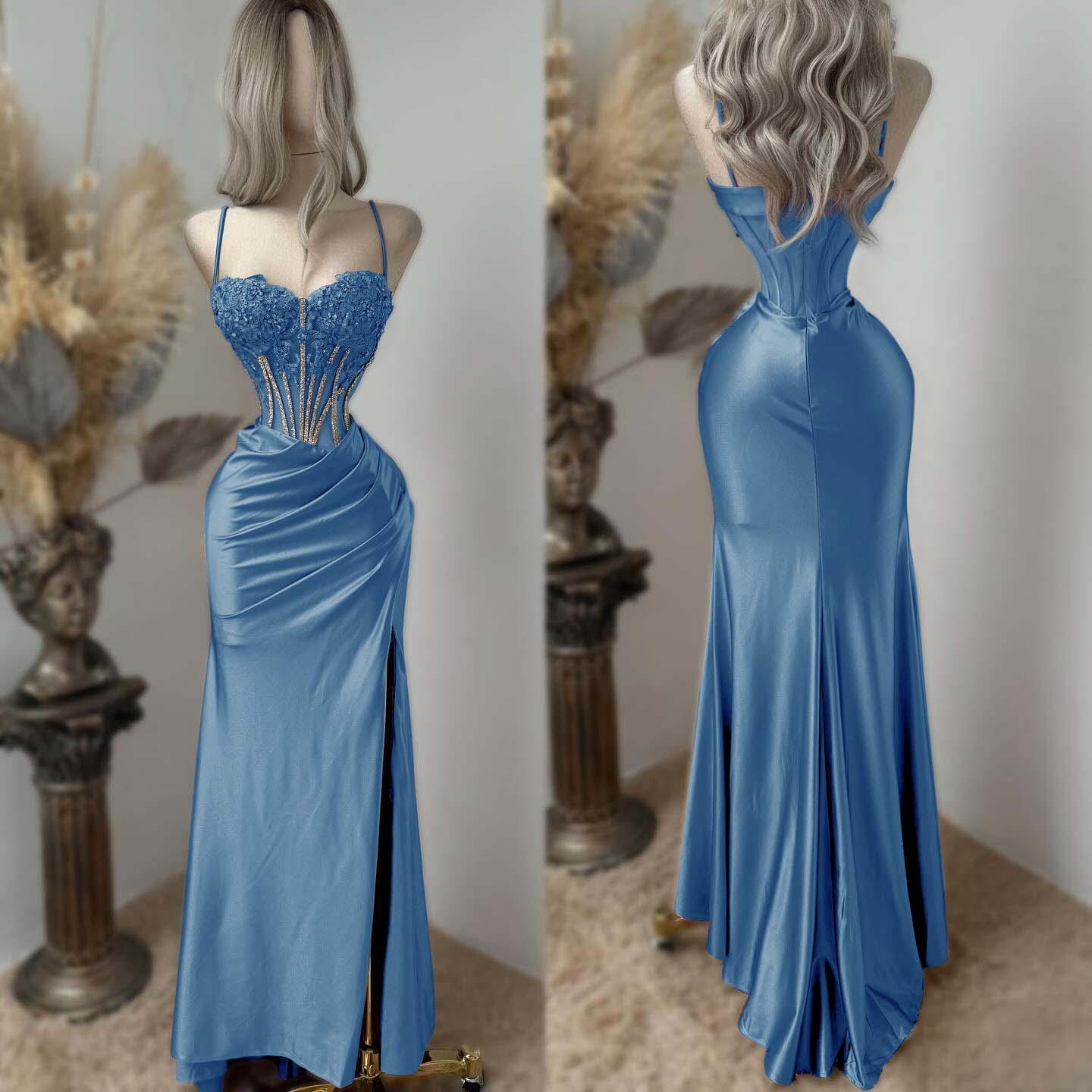 Sweetheart Spaghetti Straps Sleeveless Long Pleated Mermaid Prom Dress With Split And Rhinstone