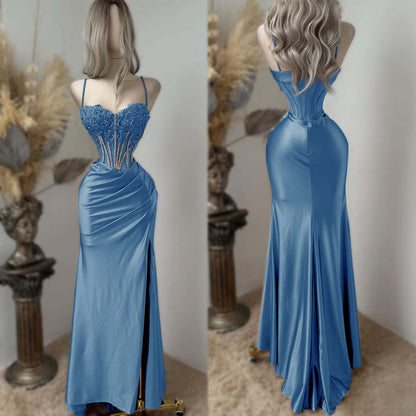 Sweetheart Spaghetti Straps Sleeveless Long Pleated Mermaid Prom Dress With Split And Rhinstone