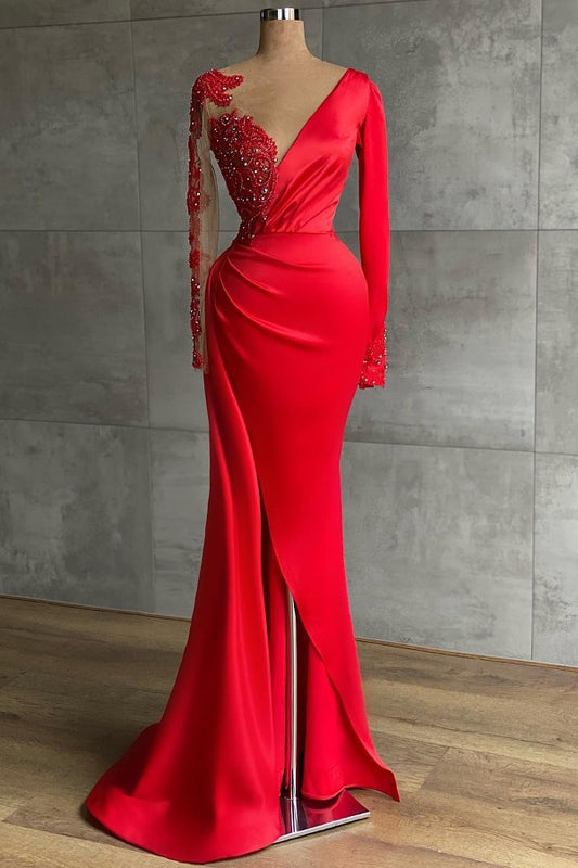 Deep V Neck Long Sleeves Red Long Split Prom Dress Mermaid With Appliques