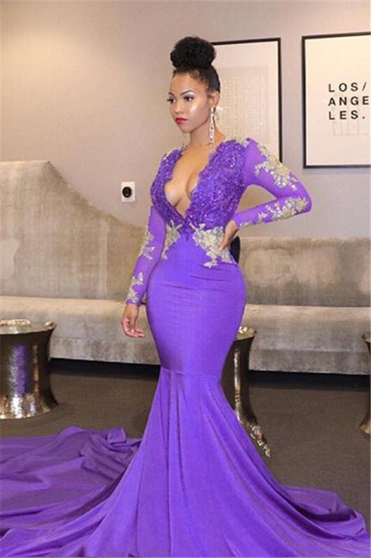 Chic Purple Long Sleeves Deep V Neck Mermaid Prom Dress With Lace Appliques