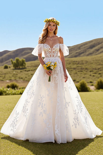 Sweetheart Off-the-Shoulder Tulle Bridal Dresses A-Line Long With Lace Appliques Open Back