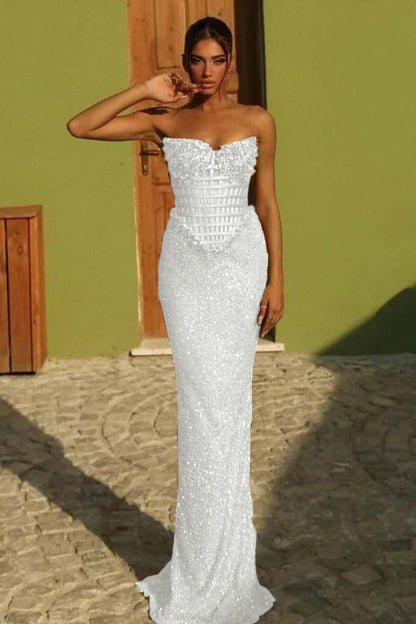 Sleeveless Strapless Long Mermaid Prom Dress With Sequin Pleated