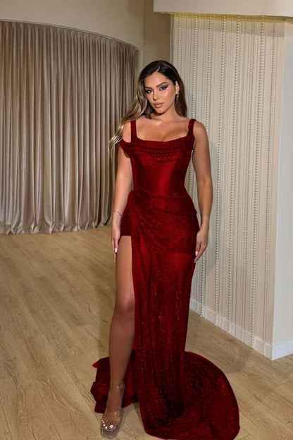 Square Neck Wide Shoulder Straps Sleeveless Long Mermaid Prom Dress With Pleated And High Split