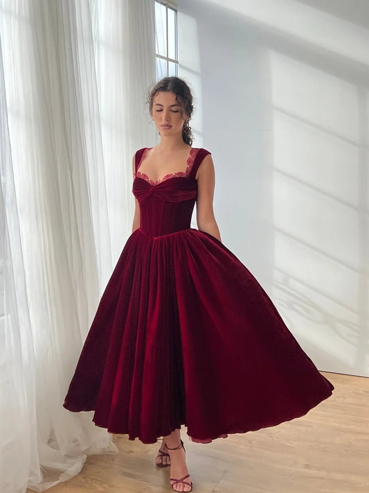 Elegant Burgundy Sleeveless Pleated A-Line Ankle Length Prom Dress YK0791