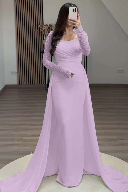 Square Neck Long Sleeves High Waist Long Pleated Mermaid Prom Dress With Beadings And Ruffles