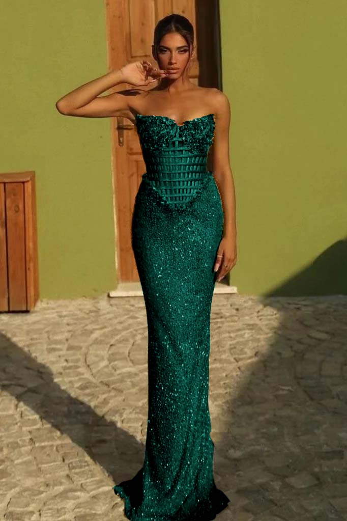 Sleeveless Strapless Long Mermaid Prom Dress With Sequin Pleated