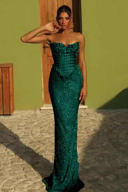 Sleeveless Strapless Long Mermaid Prom Dress With Sequin Pleated