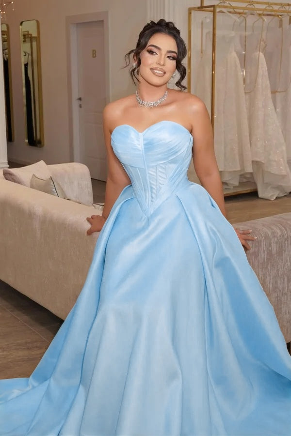 Satin Sweetheart Strapless Sleeveless Long Pleated Mermaid Prom Dress With Corset