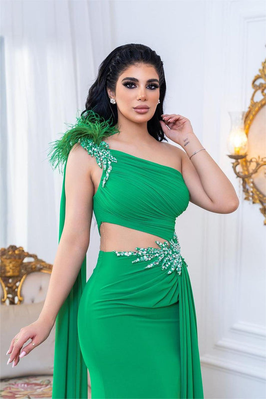 Green Mermaid One Shoulder Sleeveless Beaded Long Pleated Prom Dress With Feather