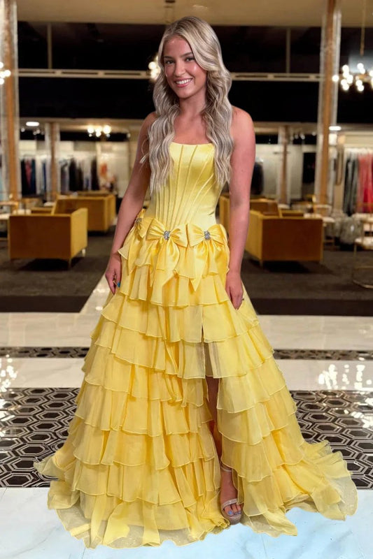 Yellow - Scoop Neck A Line Chiffon Tiered Prom Dresses With Bowknot