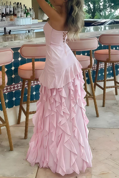 Pink - Sheath Strapless Chiffon Long Prom Dresses With Ruffles