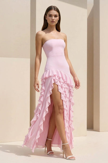 Pink - Sheath Strapless Chiffon Long Prom Dresses With Ruffles