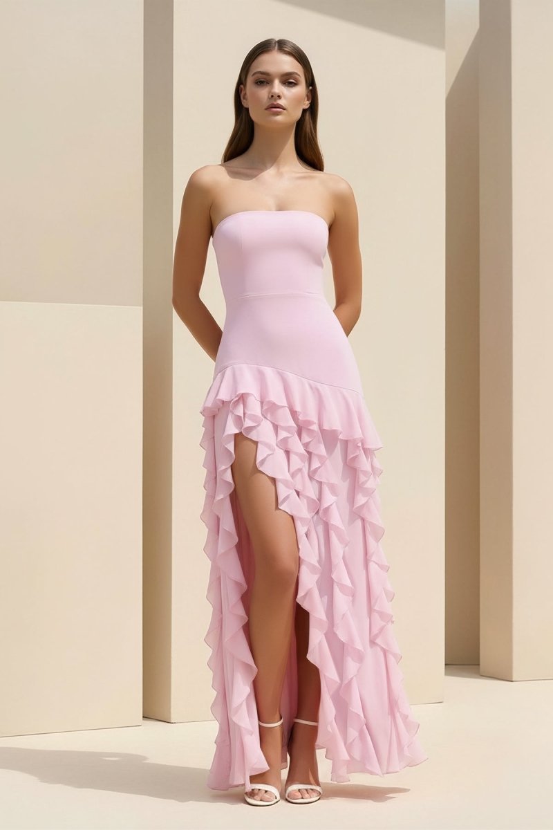 Pink - Sheath Strapless Chiffon Long Prom Dresses With Ruffles