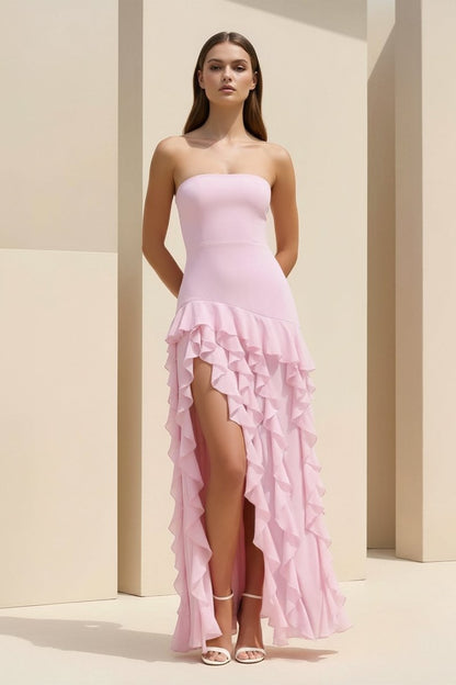 Pink - Sheath Strapless Chiffon Long Prom Dresses With Ruffles