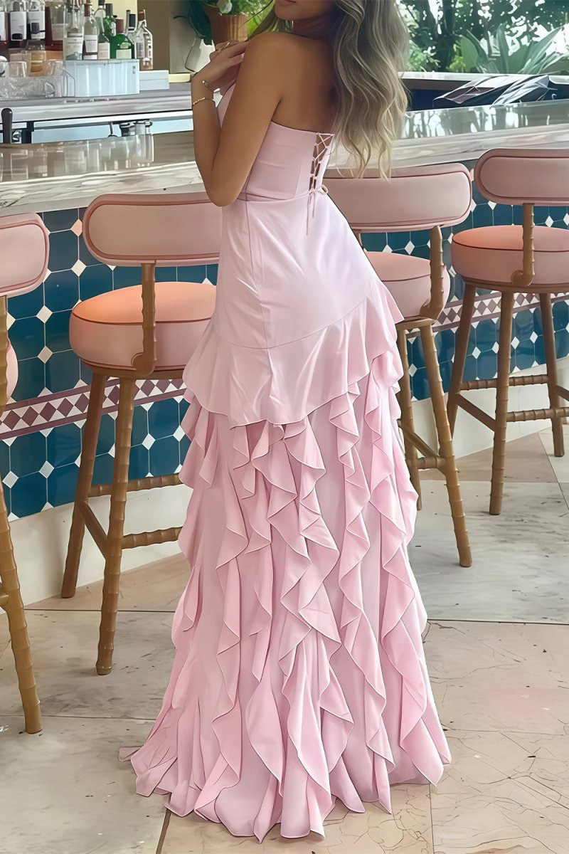 Pink - Sheath Strapless Chiffon Long Prom Dresses With Ruffles