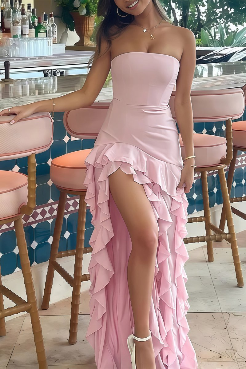Pink - Sheath Strapless Chiffon Long Prom Dresses With Ruffles
