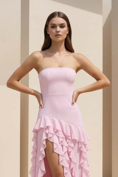 Pink - Sheath Strapless Chiffon Long Prom Dresses With Ruffles