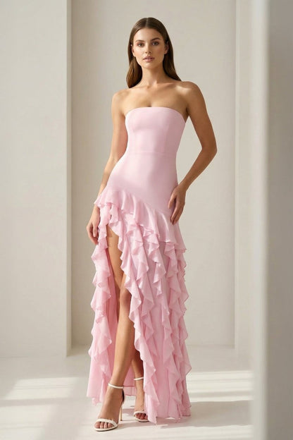 Pink - Sheath Strapless Chiffon Long Prom Dresses With Ruffles