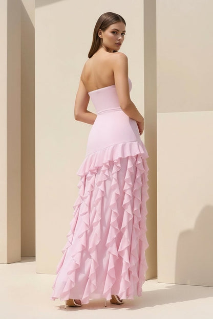 Pink - Sheath Strapless Chiffon Long Prom Dresses With Ruffles