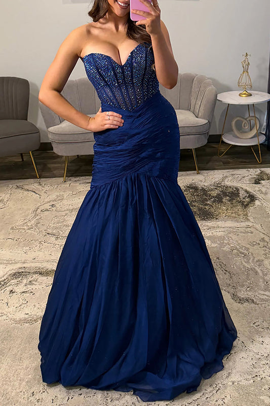 Mermaid Sweetheart Navy Blue Satin Long Prom Dresses with Beadings