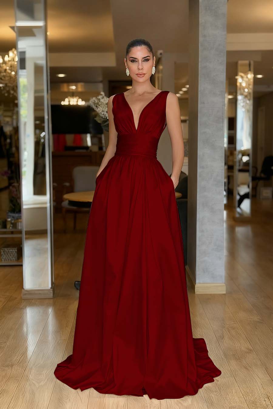 Hidais Straps Sleeveless High Waist Long Prom Dress With Pockets Pleated