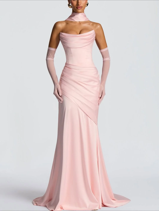 Strapless Sleeveless Long Pleated Mermaid Prom Dress With Ruffles And Gloves