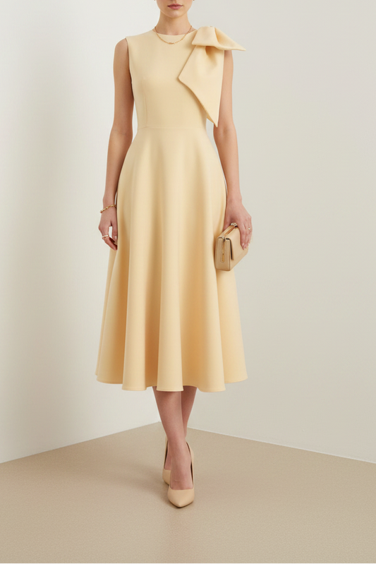 Yellow Bow Sleeveless A-Line Tea-Length Evening Dress