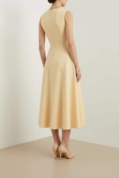 Yellow Bow Sleeveless A-Line Tea-Length Evening Dress