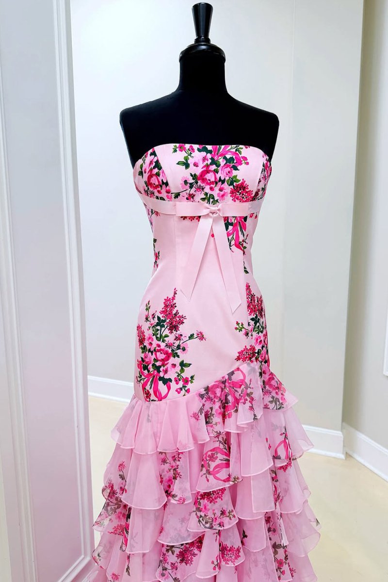 Pink - Strapless Sheath Floral Chiffon Ruffles Long Formal Prom Dresses With Bow