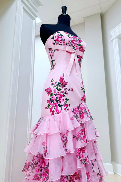 Pink - Strapless Sheath Floral Chiffon Ruffles Long Formal Prom Dresses With Bow