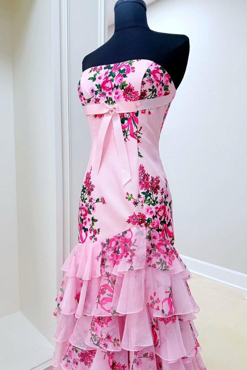 Pink - Strapless Sheath Floral Chiffon Ruffles Long Formal Prom Dresses With Bow