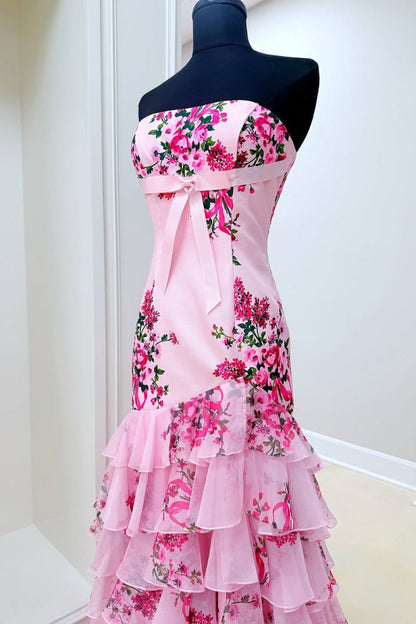 Pink - Strapless Sheath Floral Chiffon Ruffles Long Formal Prom Dresses With Bow
