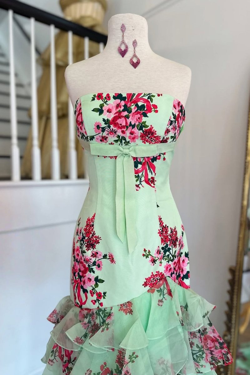 Sage - Strapless Sheath Floral Chiffon Ruffles Long Formal Prom Dresses With Bow