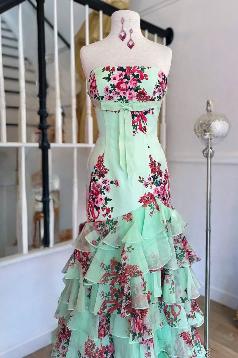 Sage - Strapless Sheath Floral Chiffon Ruffles Long Formal Prom Dresses With Bow