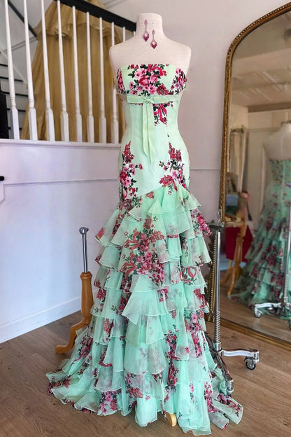Sage - Strapless Sheath Floral Chiffon Ruffles Long Formal Prom Dresses With Bow