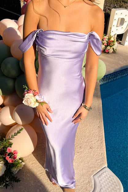 Lilac - Off The Shoulder Sheath Satin Long Prom Dresses