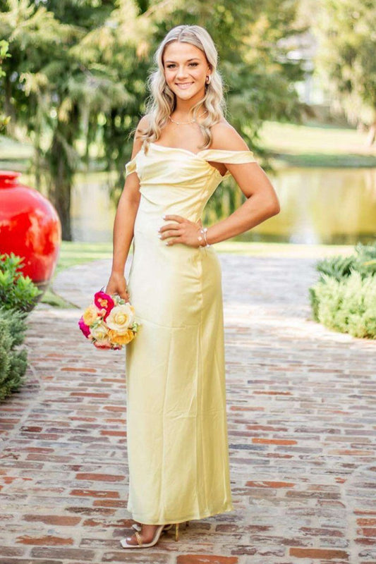 Yellow - Off The Shoulder Sheath Satin Long Prom Dresses