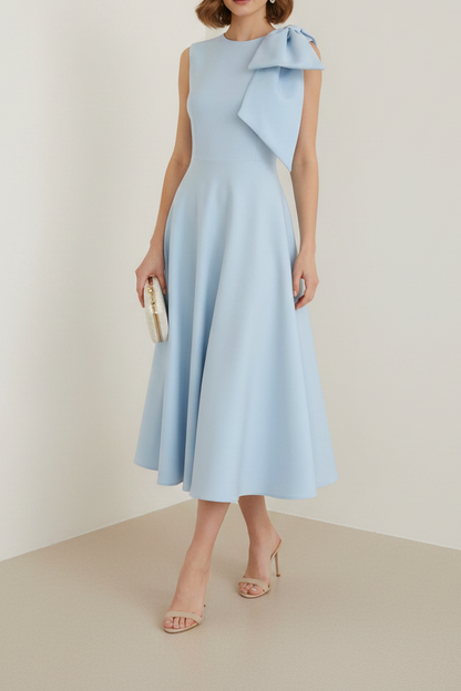 Bule Sleeveless Bow A-Line Tea-Length Evening Dress