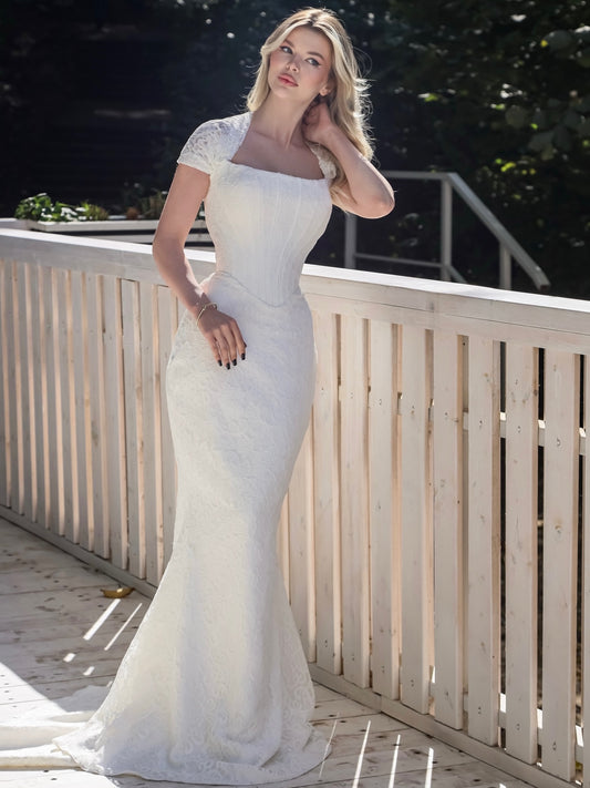 Square Neck Half Sleeve Mermaid Floor-Length Wedding Dress