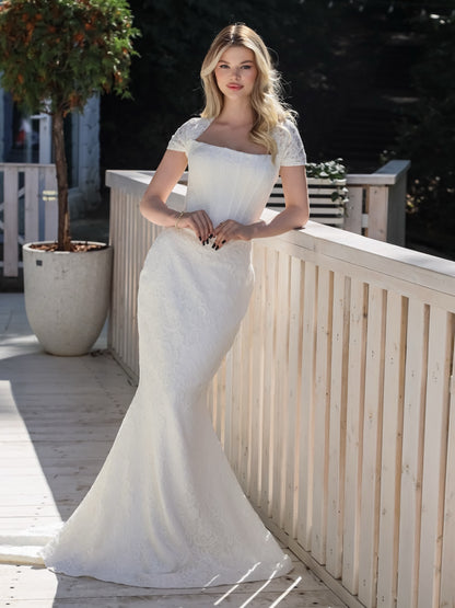 Square Neck Half Sleeve Mermaid Floor-Length Wedding Dress