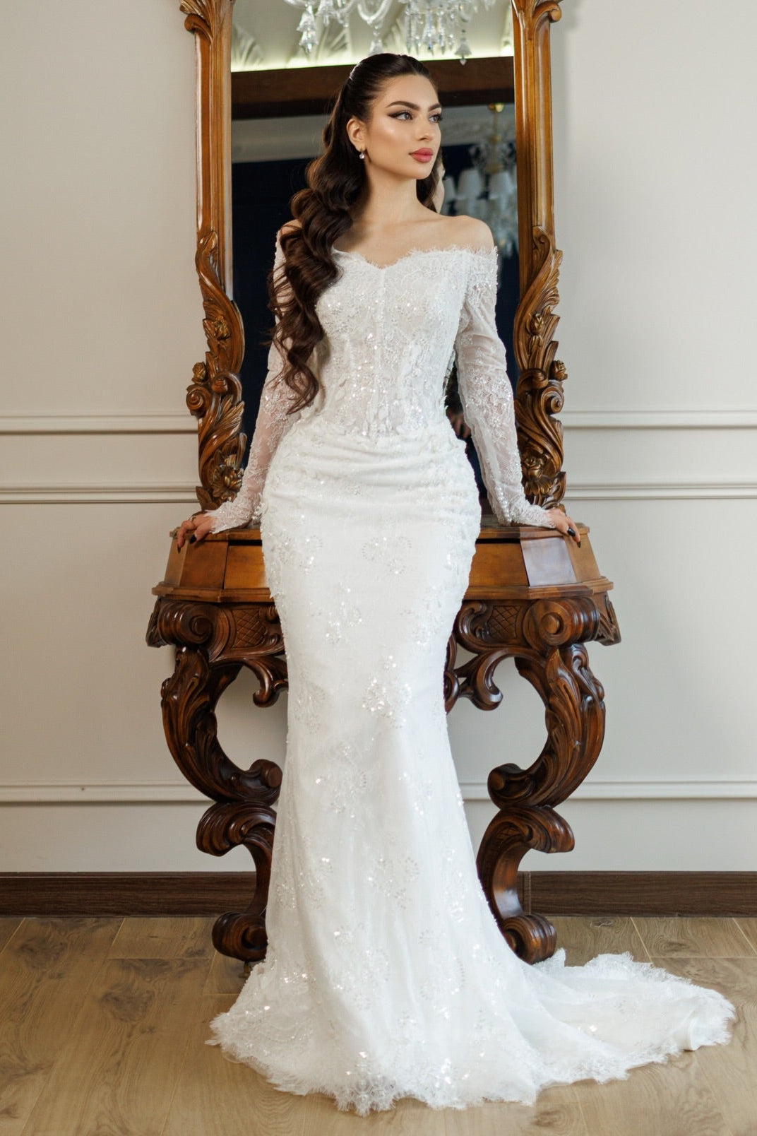 Off the Shoulder Lace Long Sleeve Mermaid Sparkle Wedding Dress